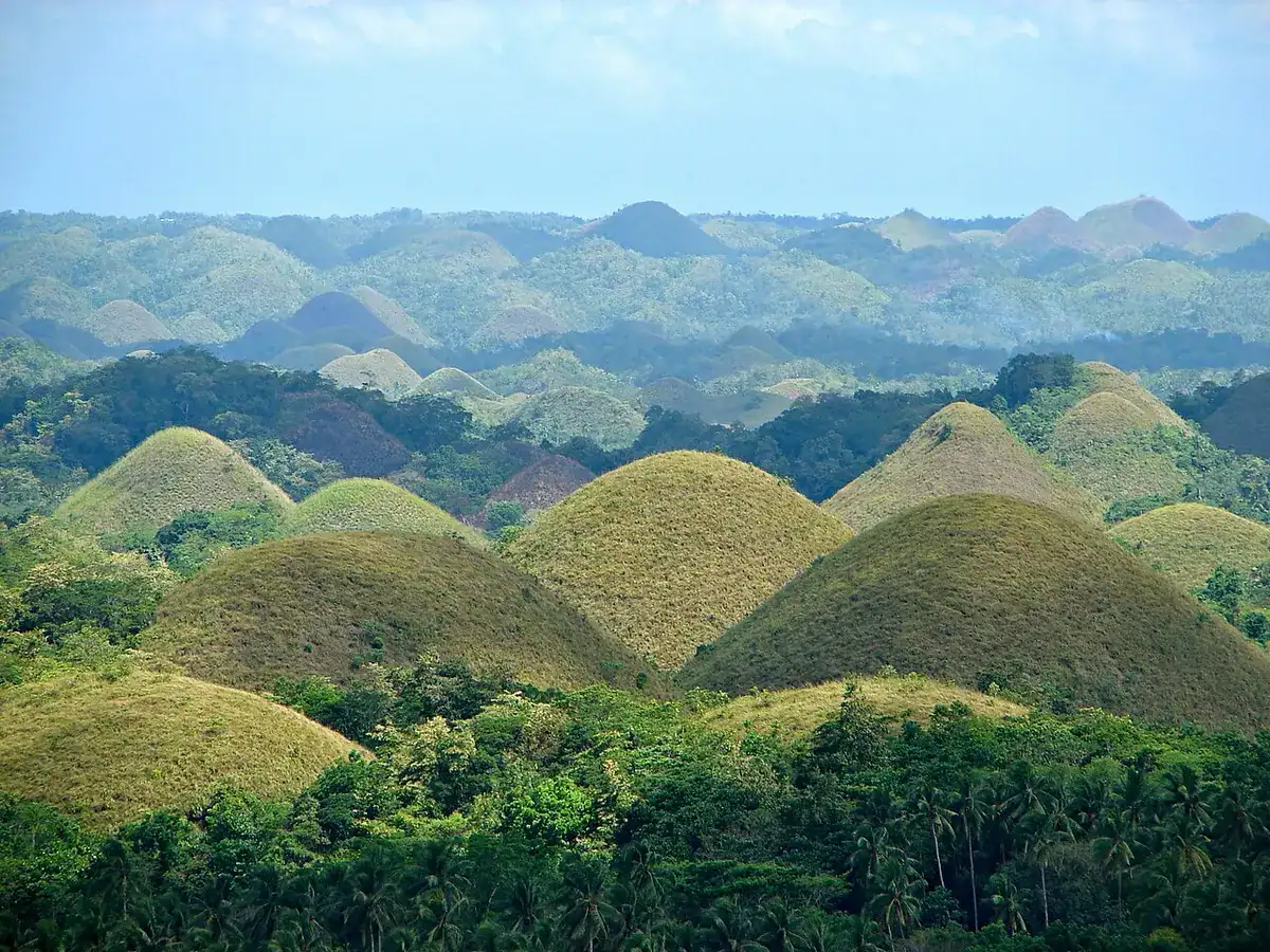 Rows of rounded Chocolate Hills stretching across the Bohol countryside.