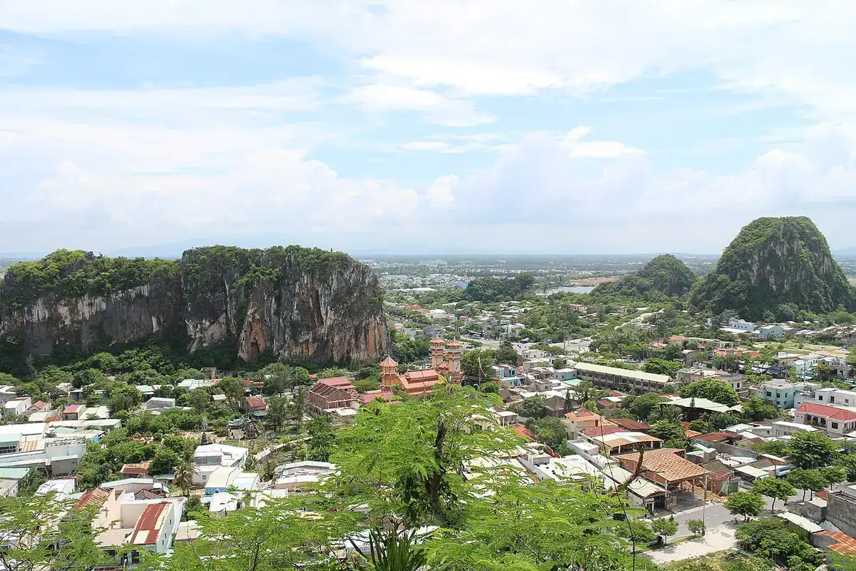 The marble hills of the Marble Mountains rising south of Da Nang.