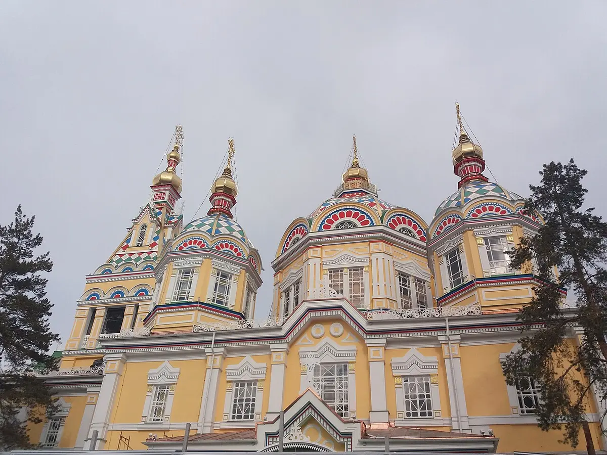 The colourful wooden Zenkov (Ascension) Cathedral in Panfilov Park