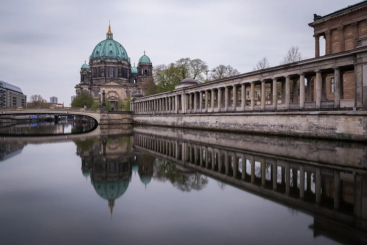 Berlin Cathedral reflected in the River Spree, seen from the west.