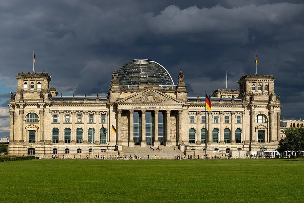 The Reichstag building in Berlin seen from the west, with its glass dome on the roof.