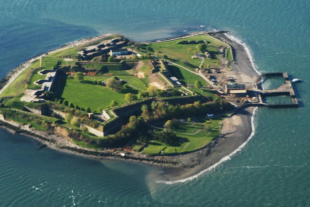 Aerial view of Georges Island and the star-shaped Fort Warren in Boston Harbor.