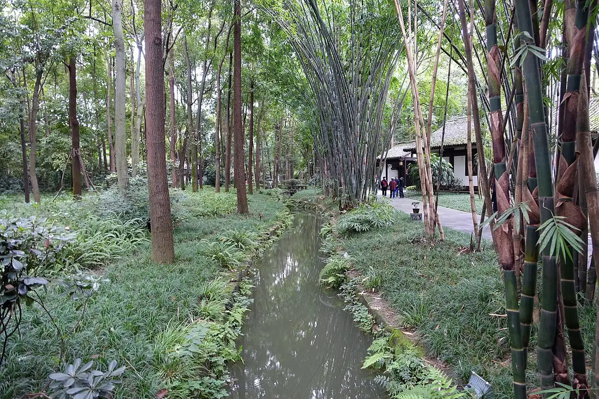 A small stream running through bamboo groves in the Du Fu Thatched Cottage gardens.