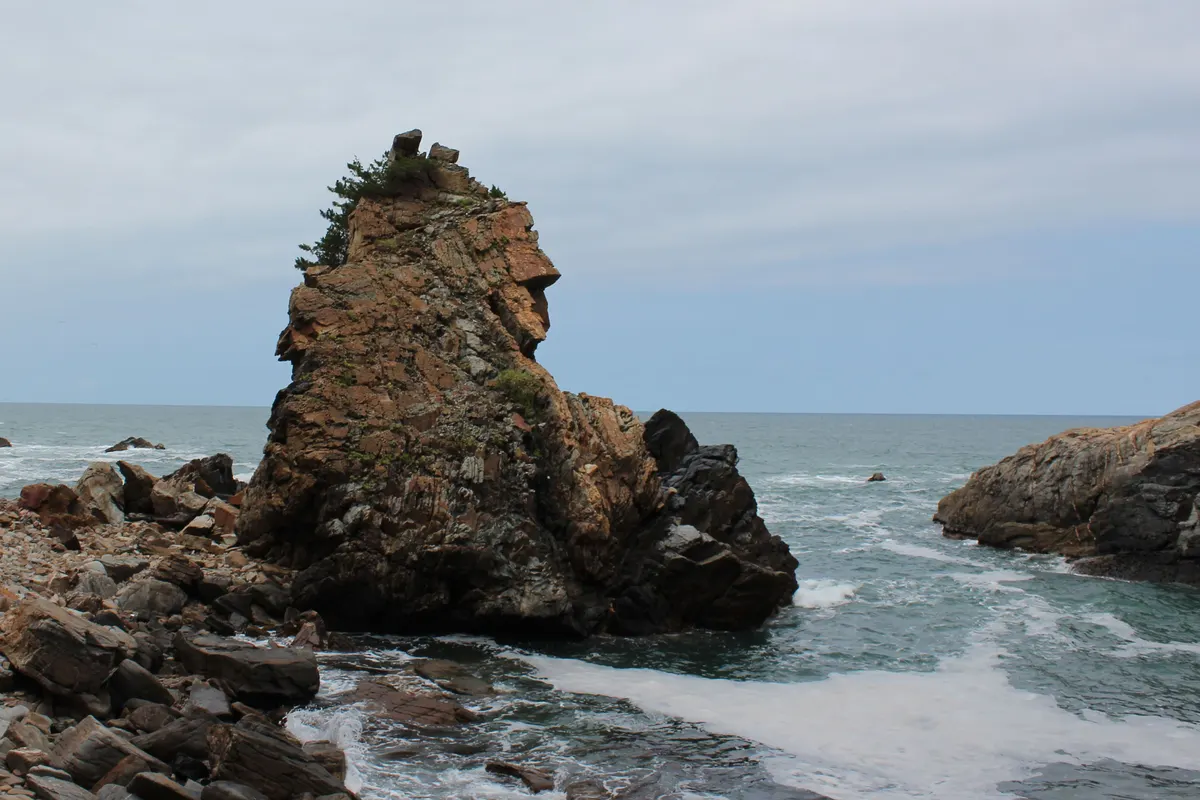 A tall helmet-shaped rock rising from the surf on a rocky shore under an overcast sky.
