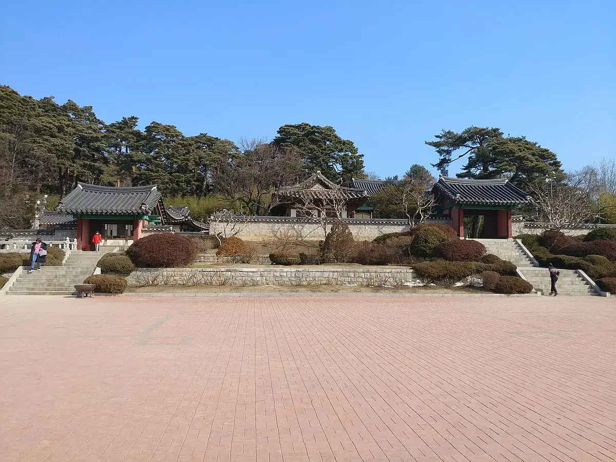 The tiled roof and yard of the Ojukheon sarangchae in Gangneung.