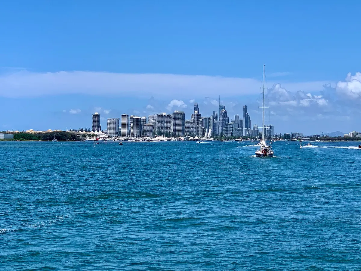 Surfers Paradise high-rises lining the coast across calm water