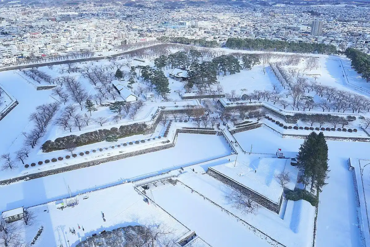 The star-shaped Goryokaku fort covered in snow, seen from Goryokaku Tower.