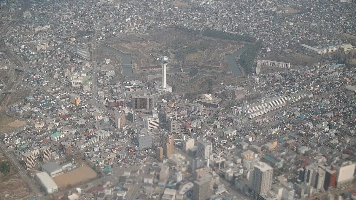 The star-shaped Goryokaku fort and Goryokaku Tower seen from the air