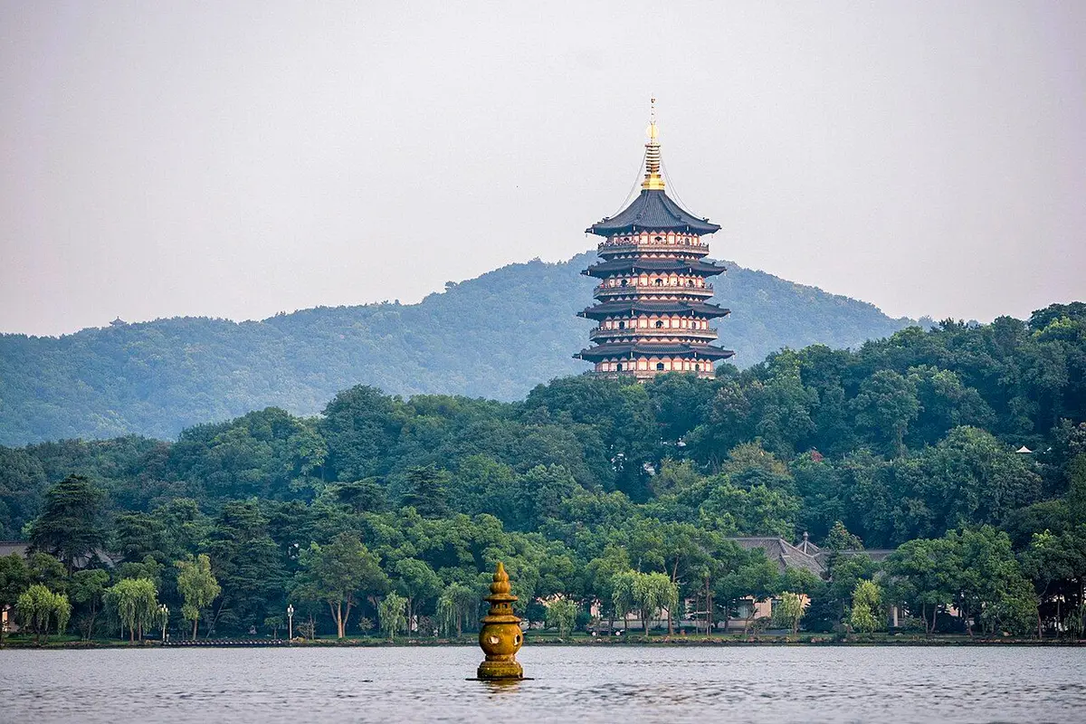 Leifeng Pagoda on its hill above West Lake.