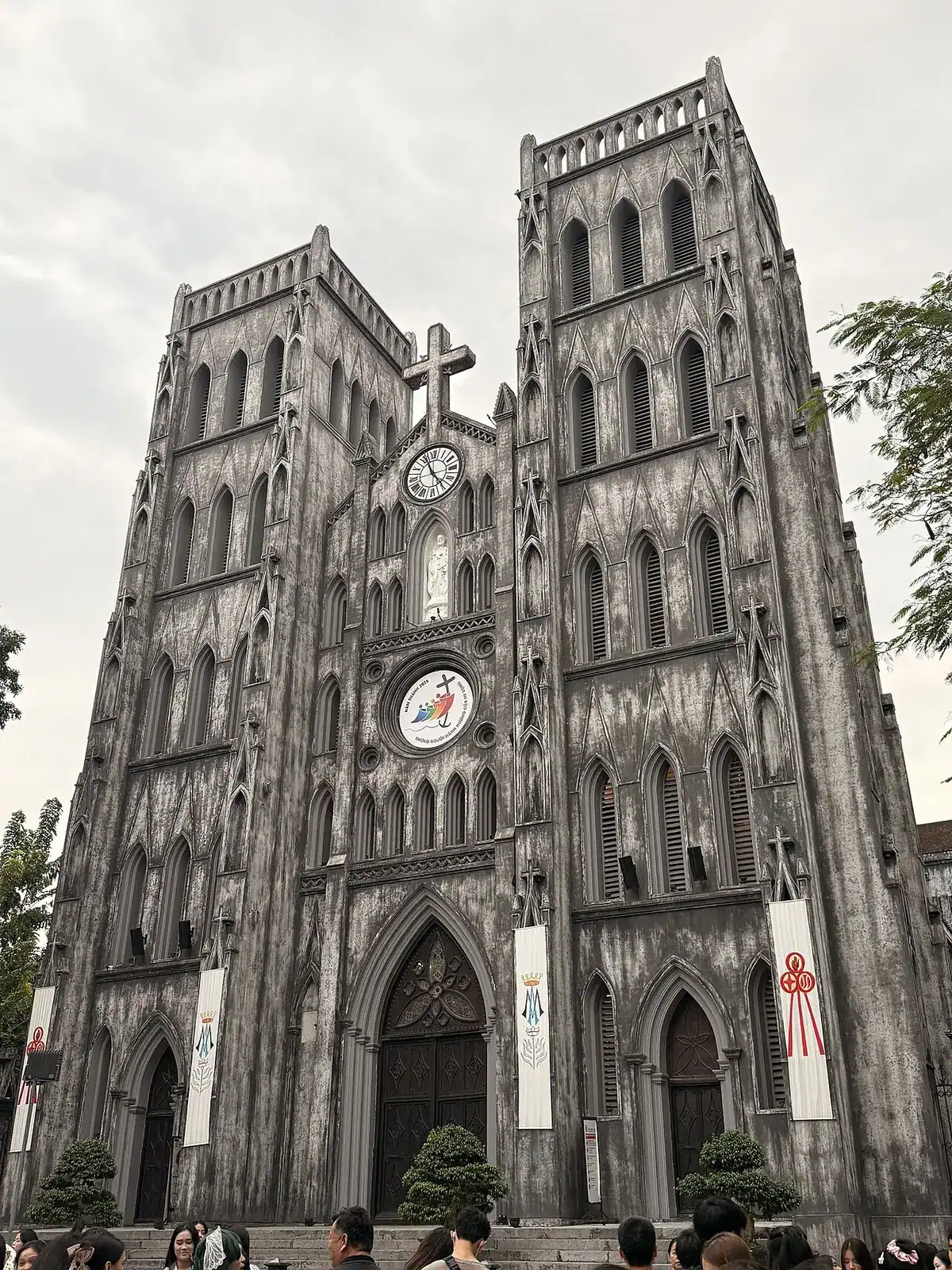 The Gothic facade of St. Joseph's Cathedral in Hanoi