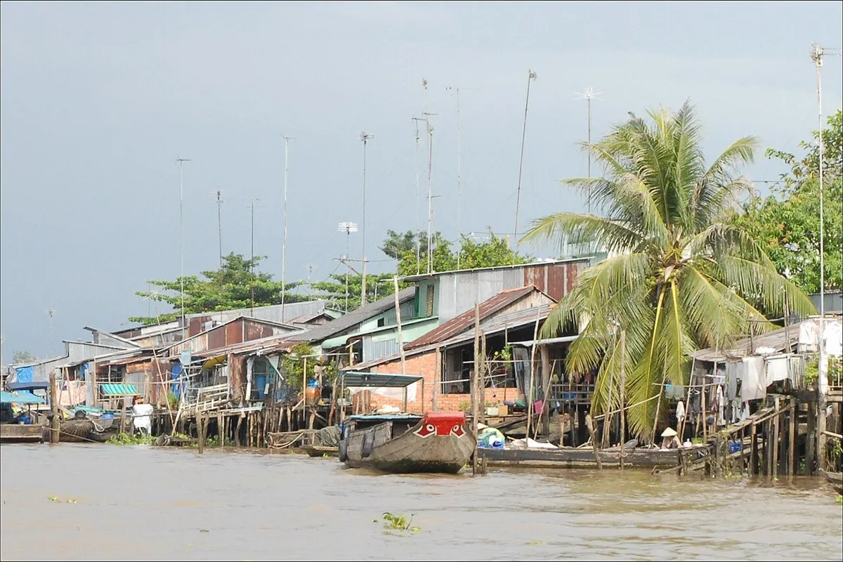 Stilt houses, a wooden boat and a coconut palm along the Mekong at Sa Dec.