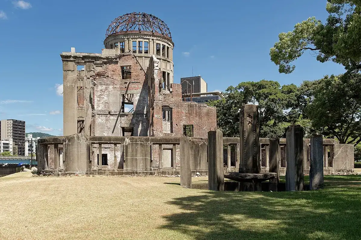 The ruins of the Atomic Bomb Dome with its bare steel dome frame.