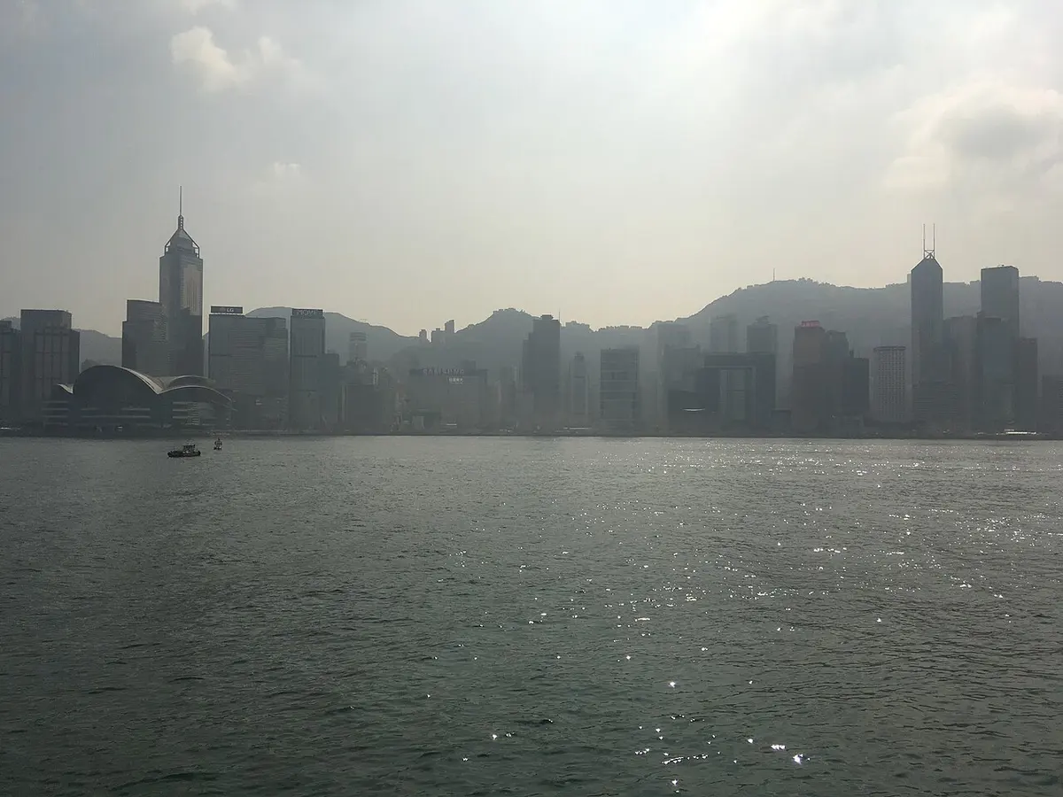 Central's towers and the Mid-Levels hillside seen from the water of Victoria Harbour