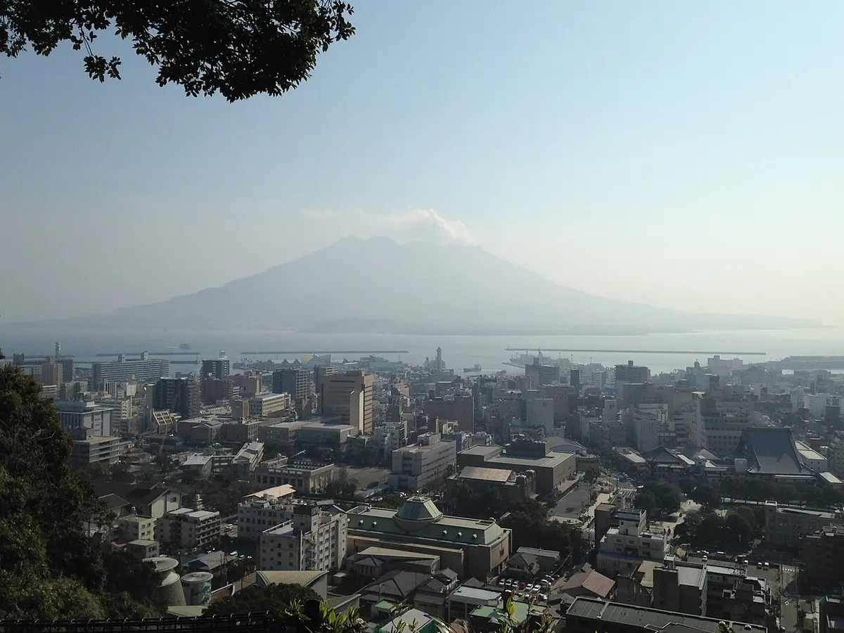 Kagoshima city and Sakurajima across the bay, seen from the top of Shiroyama.