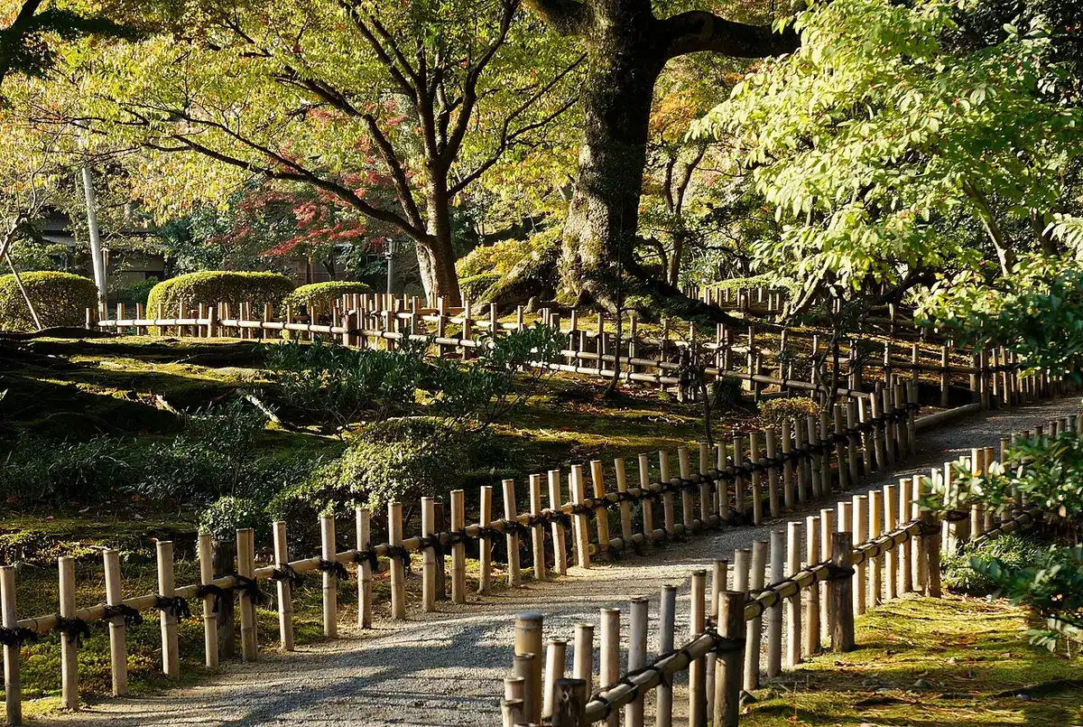 A fenced path under the trees inside Kenrokuen garden