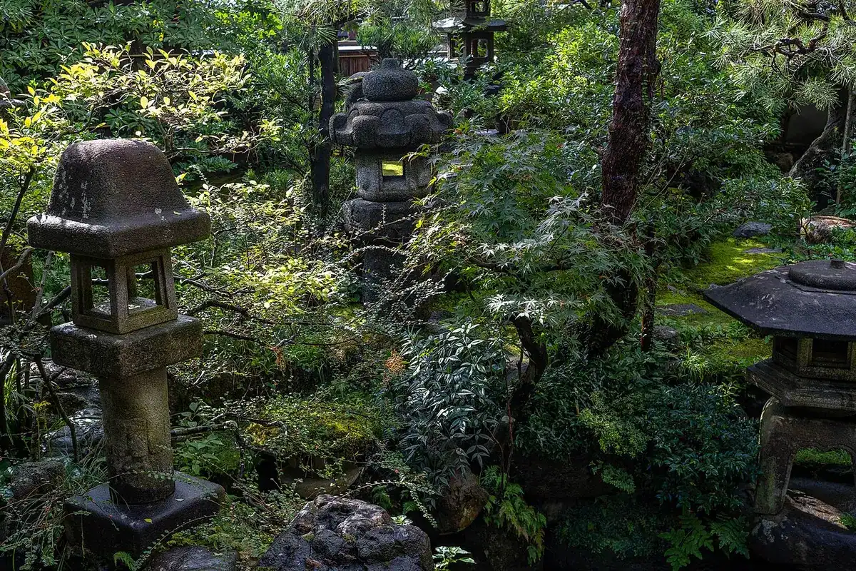 Stone lanterns in a lush samurai-house garden in the Nagamachi district