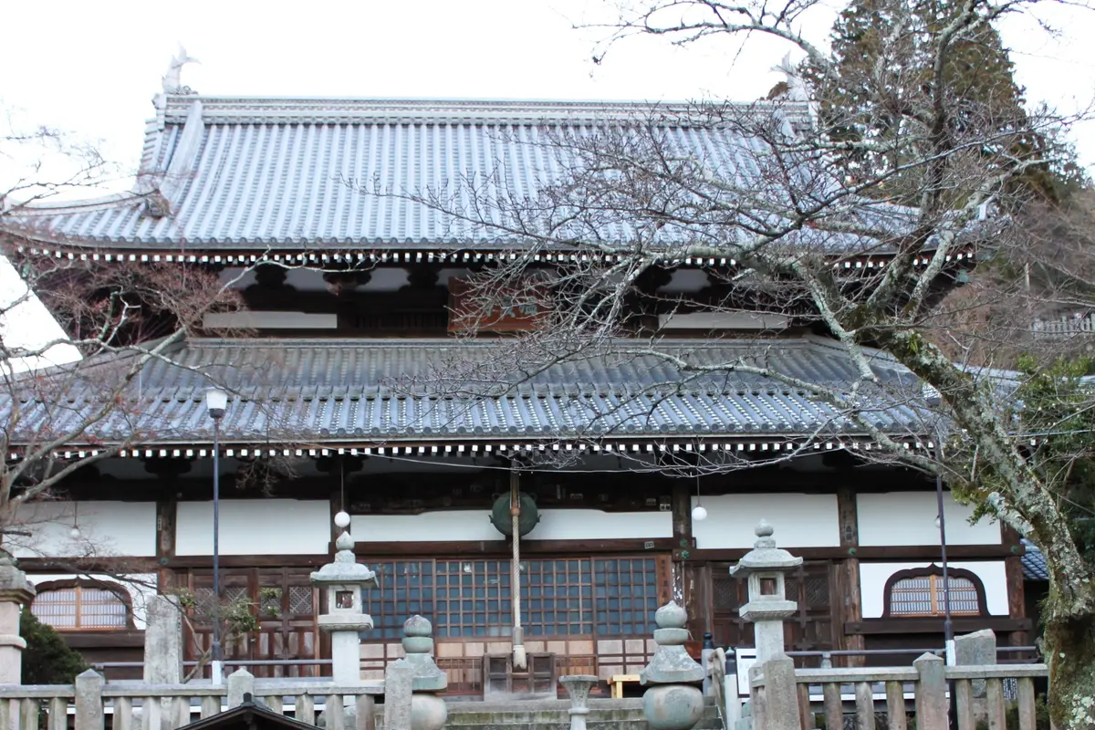 Bare winter branches frame the double tiled roof of the Onsen-ji main hall in Arima Onsen.