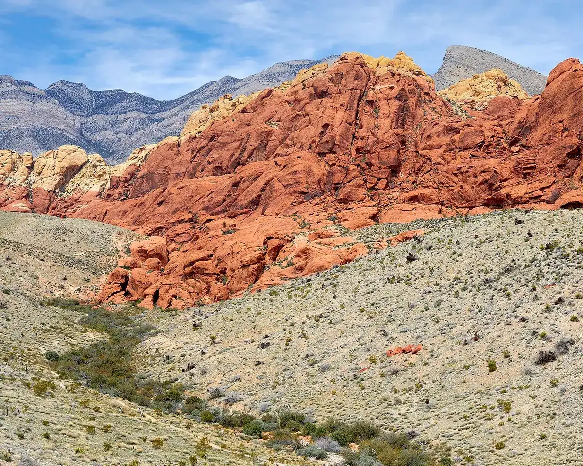 Red sandstone hills rising above desert scrub
