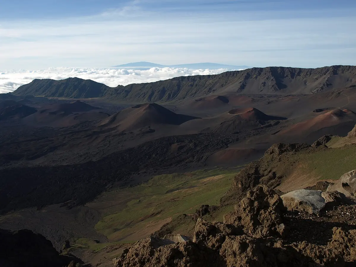 Red and dark cinder cones across Haleakalā's summit crater