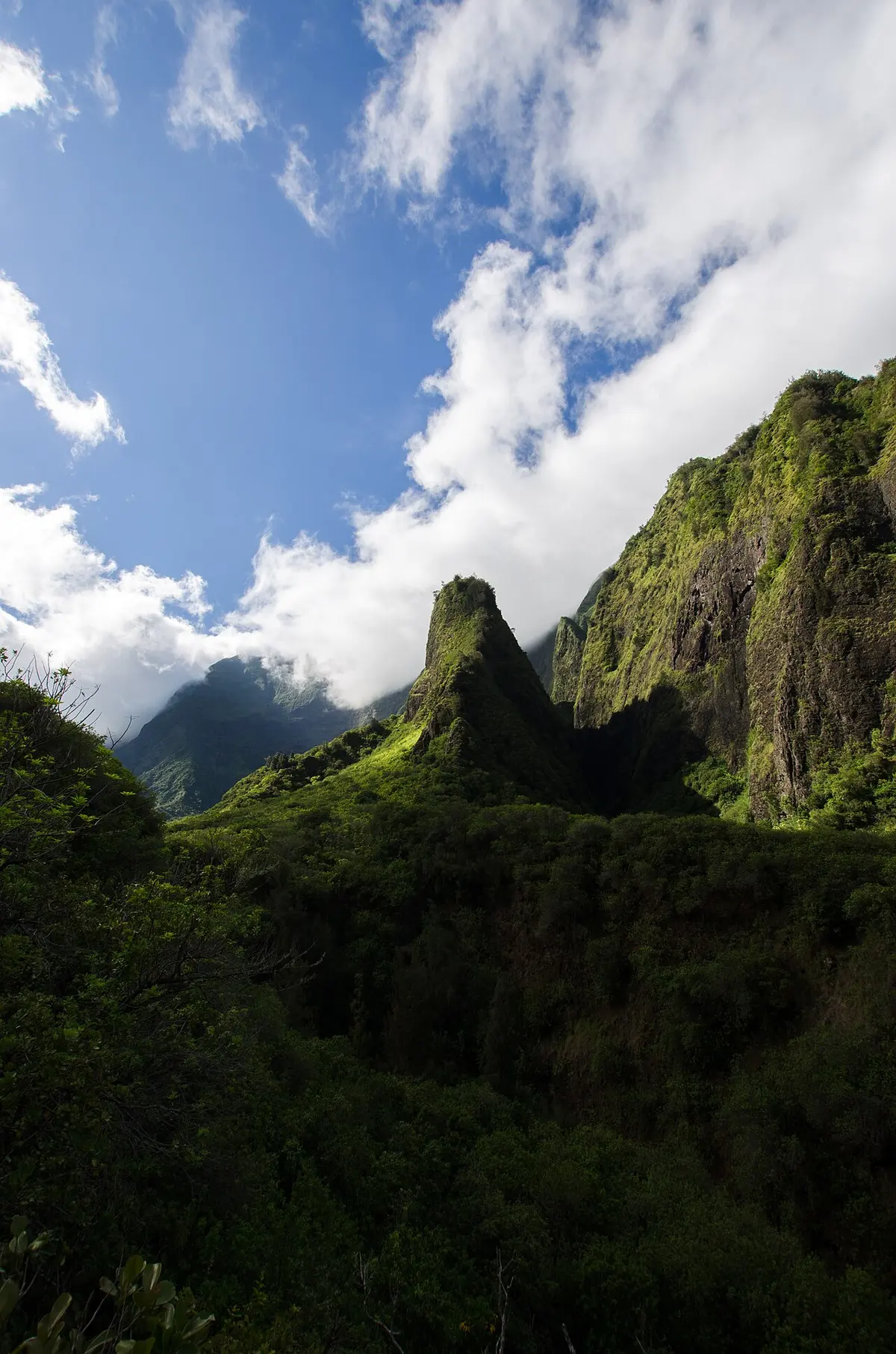 The ʻĪao Needle pinnacle rising from the green valley
