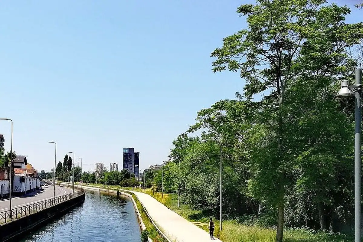 The Naviglio Grande canal and its towpath lined with green trees in early summer.