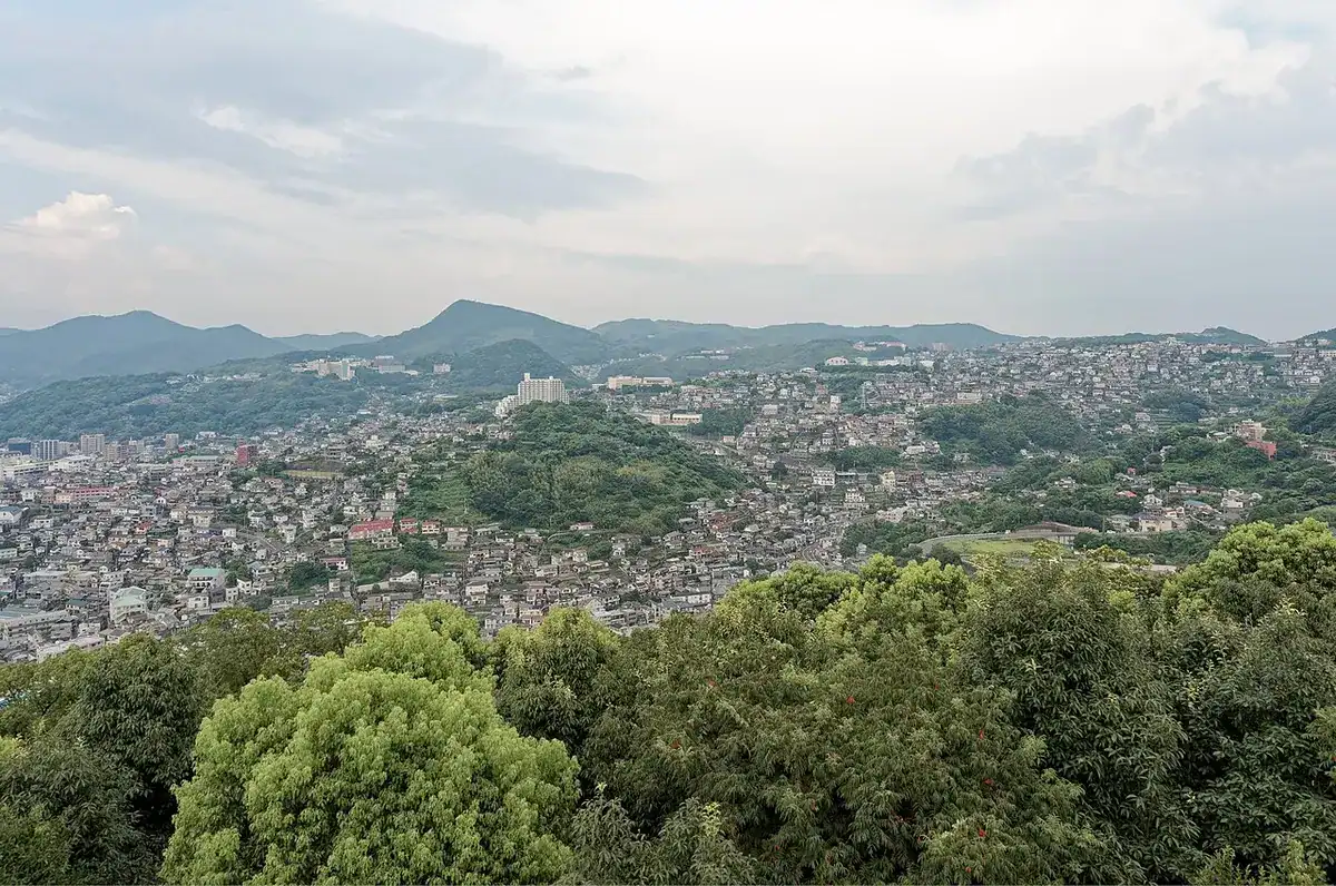 Nagasaki's hillside neighbourhoods and mountains seen from the Mt. Nabekammuri Observatory.