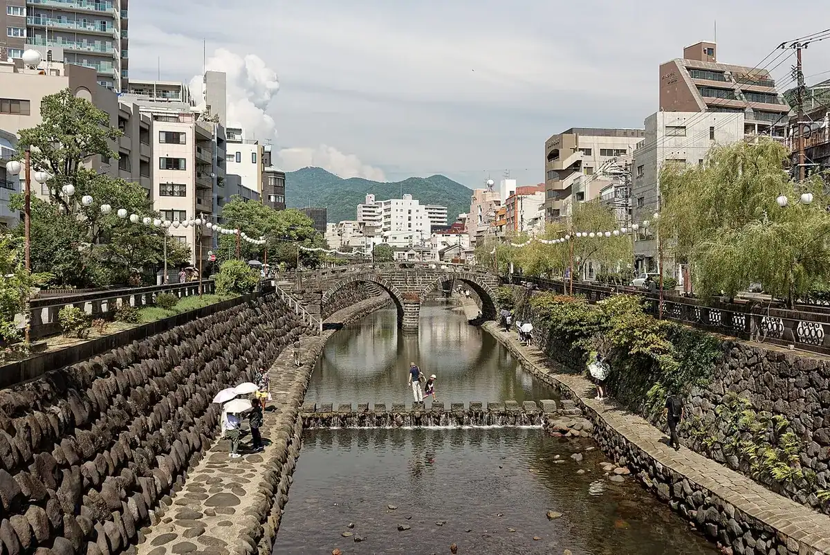 The stone arch Megane Bridge over the Nakashima River.