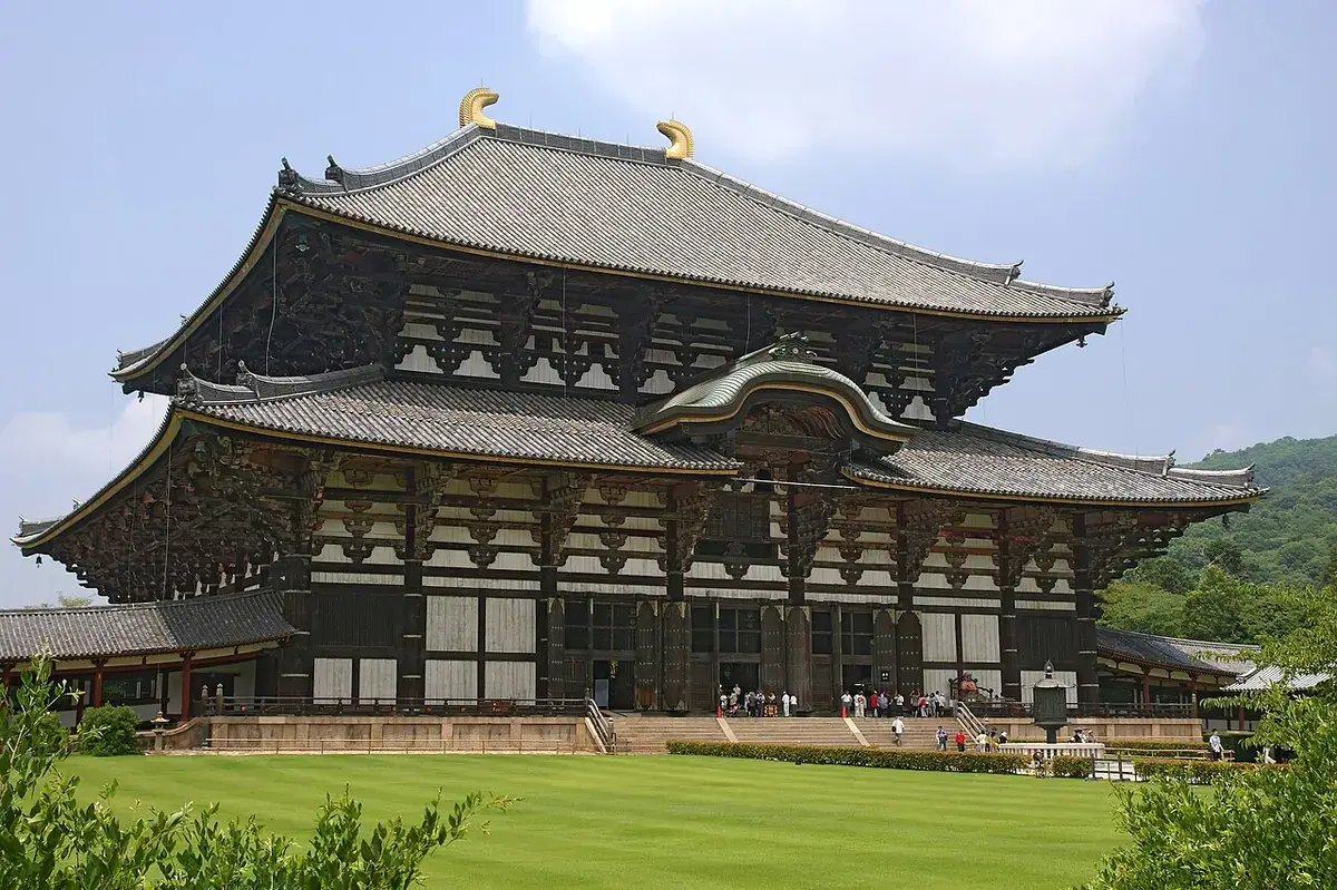 The front of Todai-ji's Great Buddha Hall in Nara with its broad tiled roof.