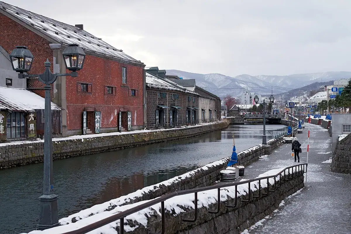 Otaru Canal and its old warehouses on a snowy day
