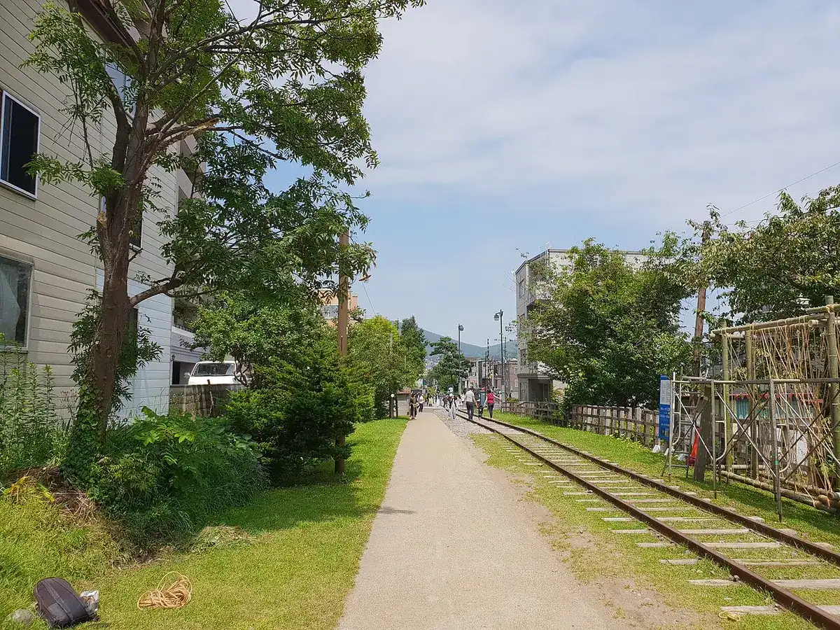 The former Temiya Line path with its old rails still in place