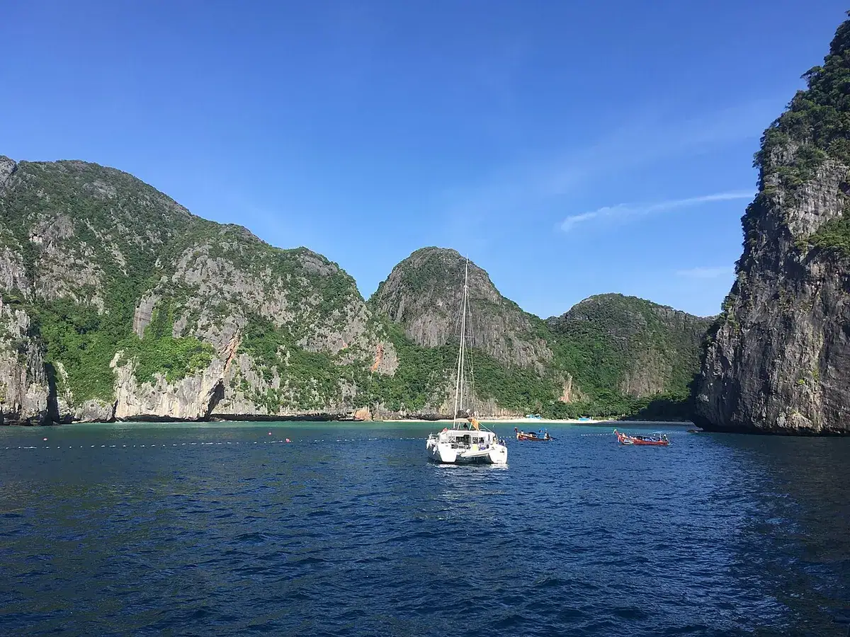 Empty Maya Bay beach and limestone cliffs