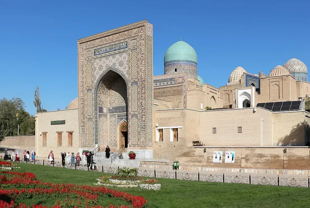 Turquoise domes and blue-tiled mausoleums at the Shah-i-Zinda necropolis in Samarkand.