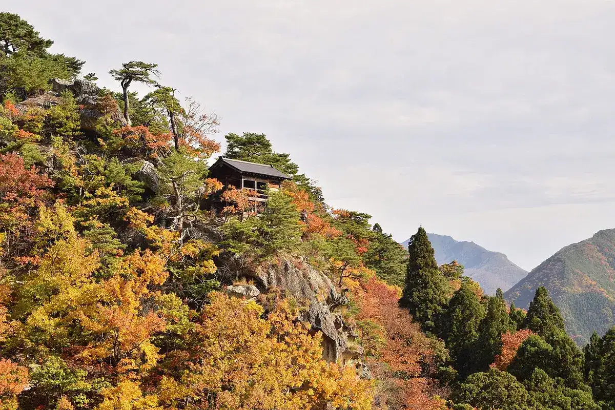 A small hall of Yamadera perched on rocks among yellow and red autumn trees.