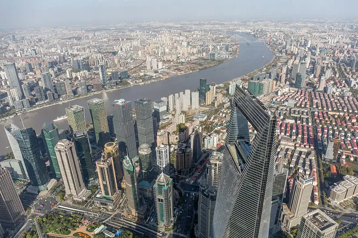 Lujiazui's skyscrapers and the Huangpu River seen from the Shanghai Tower observation deck