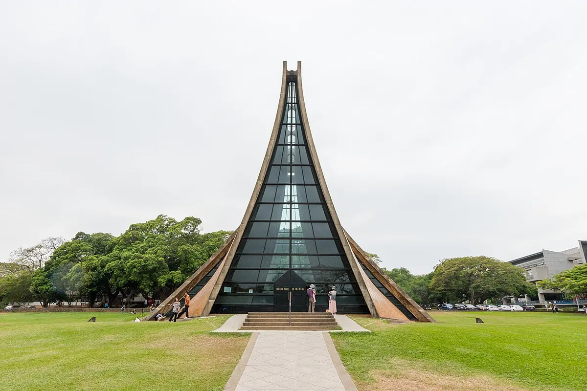 Front view of Luce Memorial Chapel with its curved, rising roof