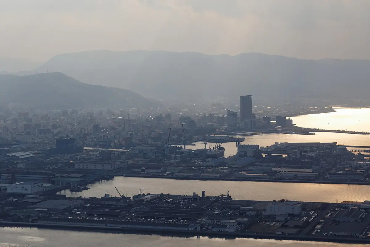 Takamatsu city and the sea seen from the top of Yashima.