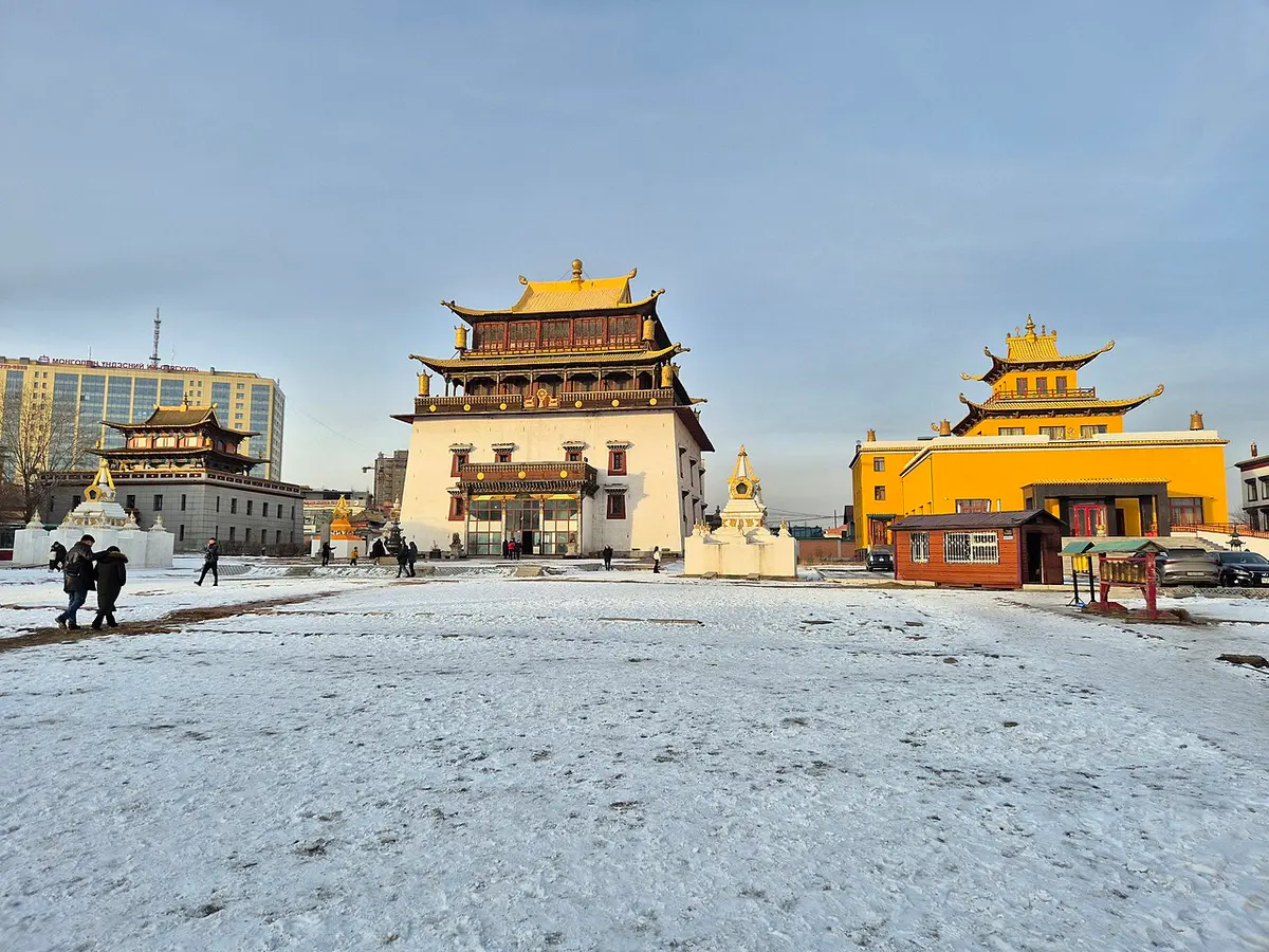 Temple buildings of Gandan Monastery in the snow