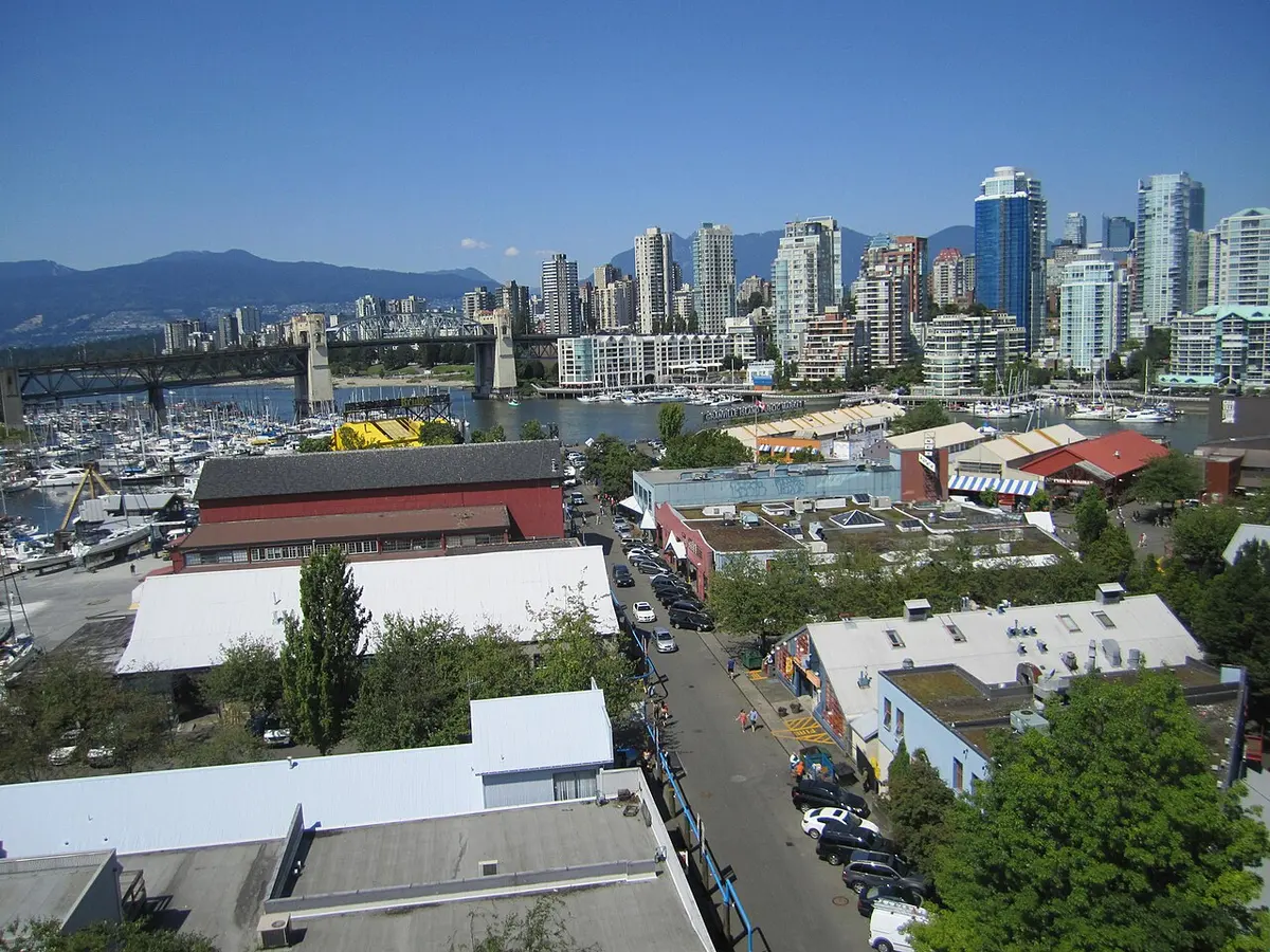 Granville Island on the water with downtown Vancouver behind