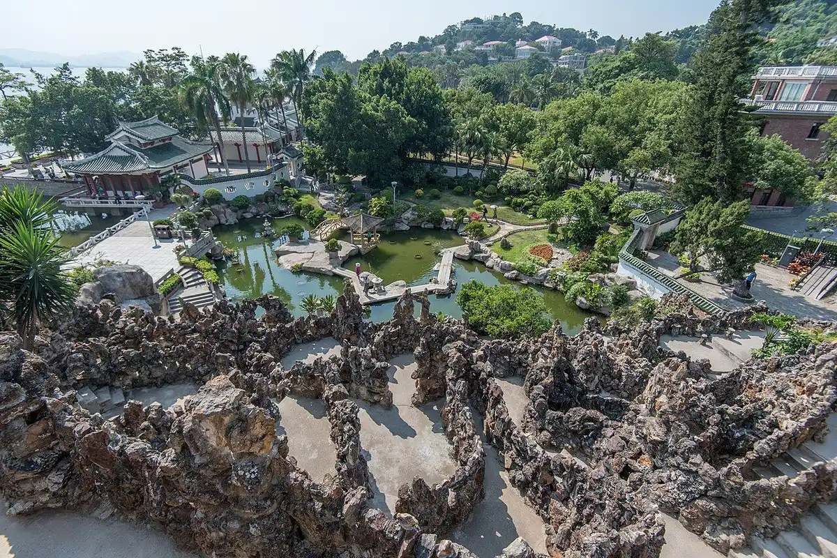 The rockery, ponds and pavilion of Shuzhuang Garden seen from above.