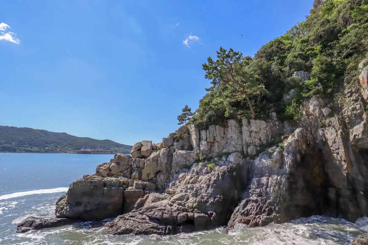 Waves wash against pine-topped rock cliffs near Yonggul Cave on Odongdo Island under a clear sky.