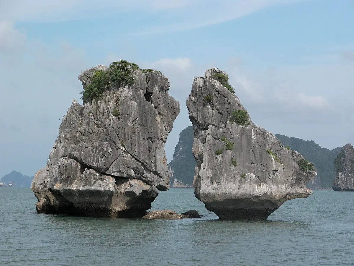 Trong Mai Islet, the two facing rocks known as the Fighting Cock Rocks, in Ha Long Bay