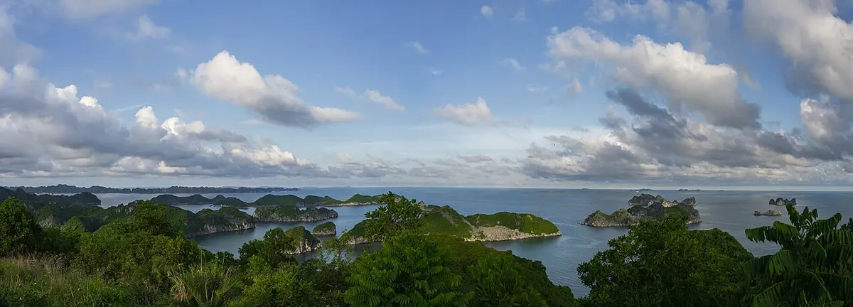 Green karst islets of Lan Ha Bay seen from Cat Ba Island