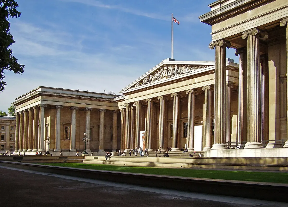 Neoclassical main facade of the British Museum in London