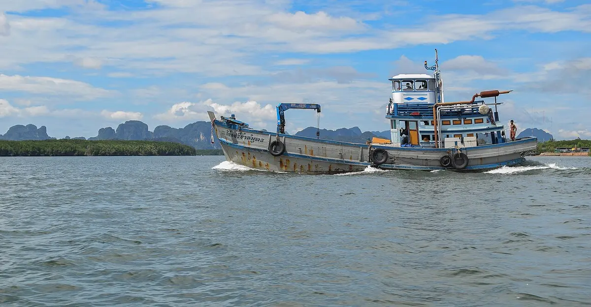 A fishing boat crossing Phang Nga Bay, with limestone karsts on the horizon