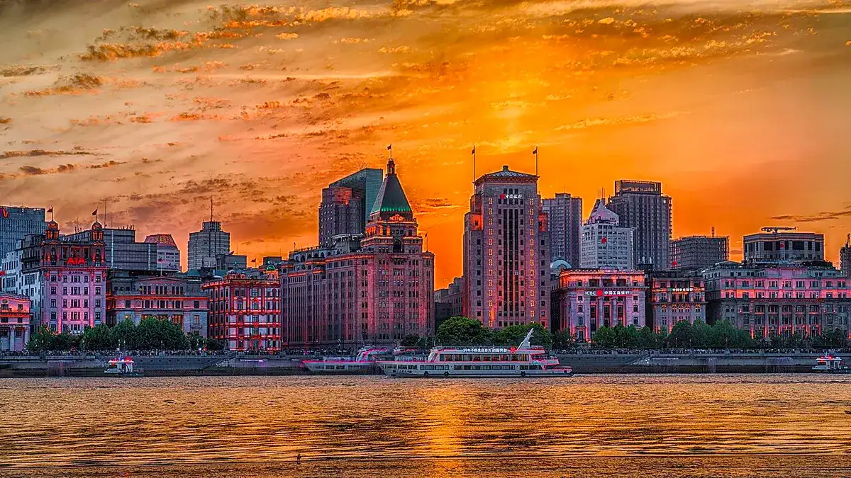 The Bund and the Huangpu River in Shanghai at sunset