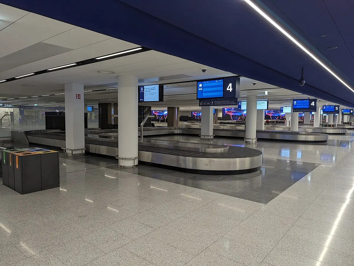 Empty baggage carousels under numbered belt signs in a bright, spacious arrivals hall