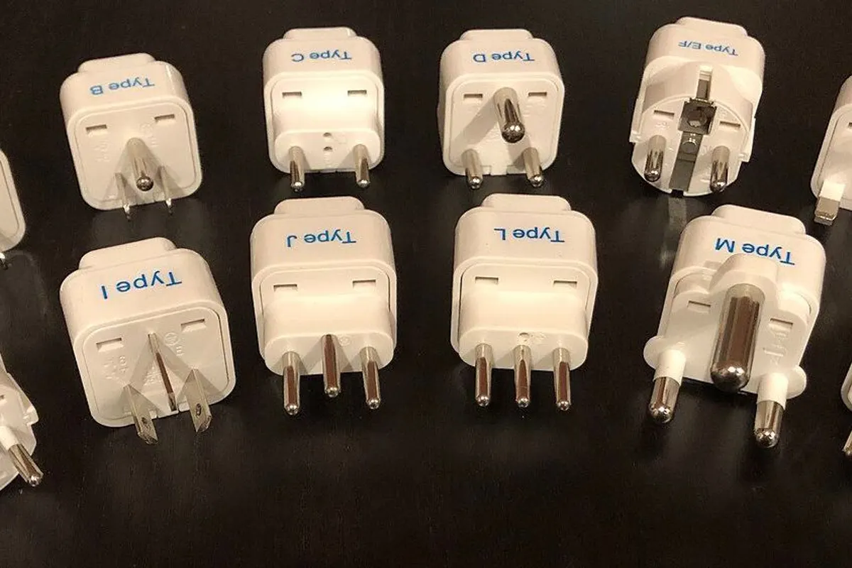 White plug adapters for different countries, each marked with its plug type letter.