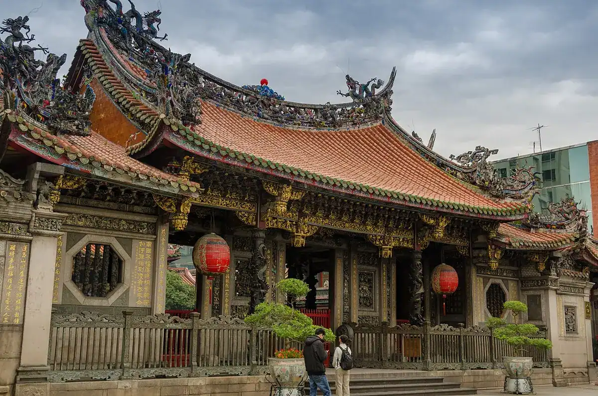 The ornate entrance hall of Longshan Temple in Taipei.